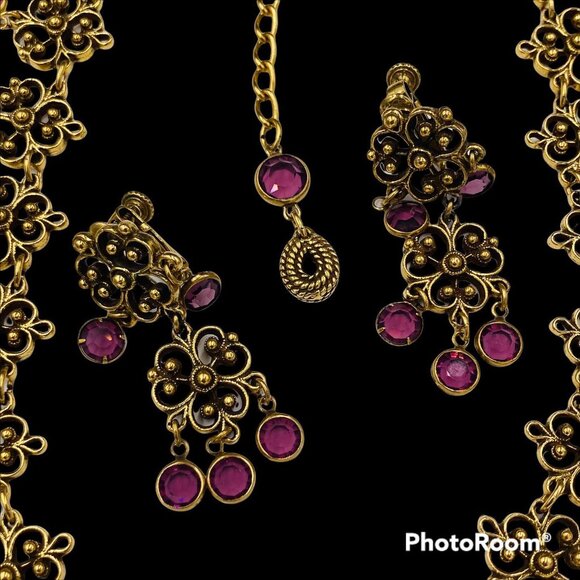 Iconic   Goldette Purple Fringed Rhinestone Necklace Matching Clip Earring Set - Picture 3 of 10